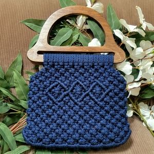VTG Navy Macrame Crochet Wood Handle Purse Boho Handmade